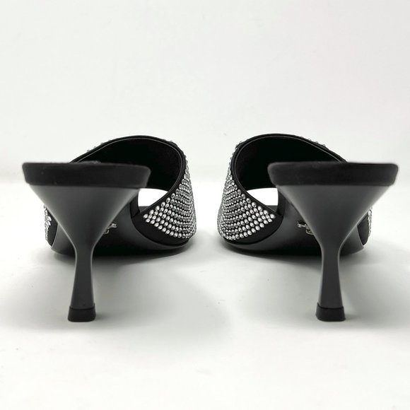 Prada Black Satin Crystal Studded Triangle Logo Slip On Sandal Mules Heels - Picture 6 of 11